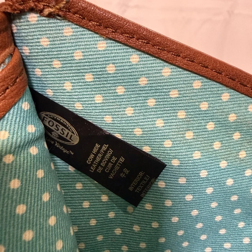 Fossil Emory Multifunction Brown Leather Bifold Wallet with Polka Dot Interior